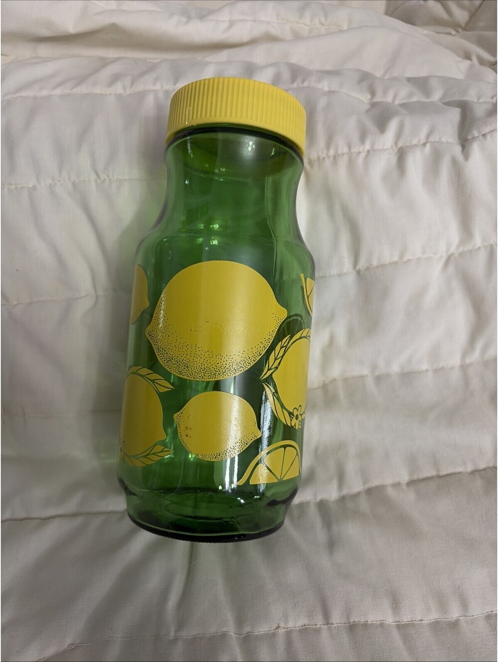 Anchor Hocking Lemon Jar Green Glass Lemonade Carafe Yellow Lid Golden Anniversa